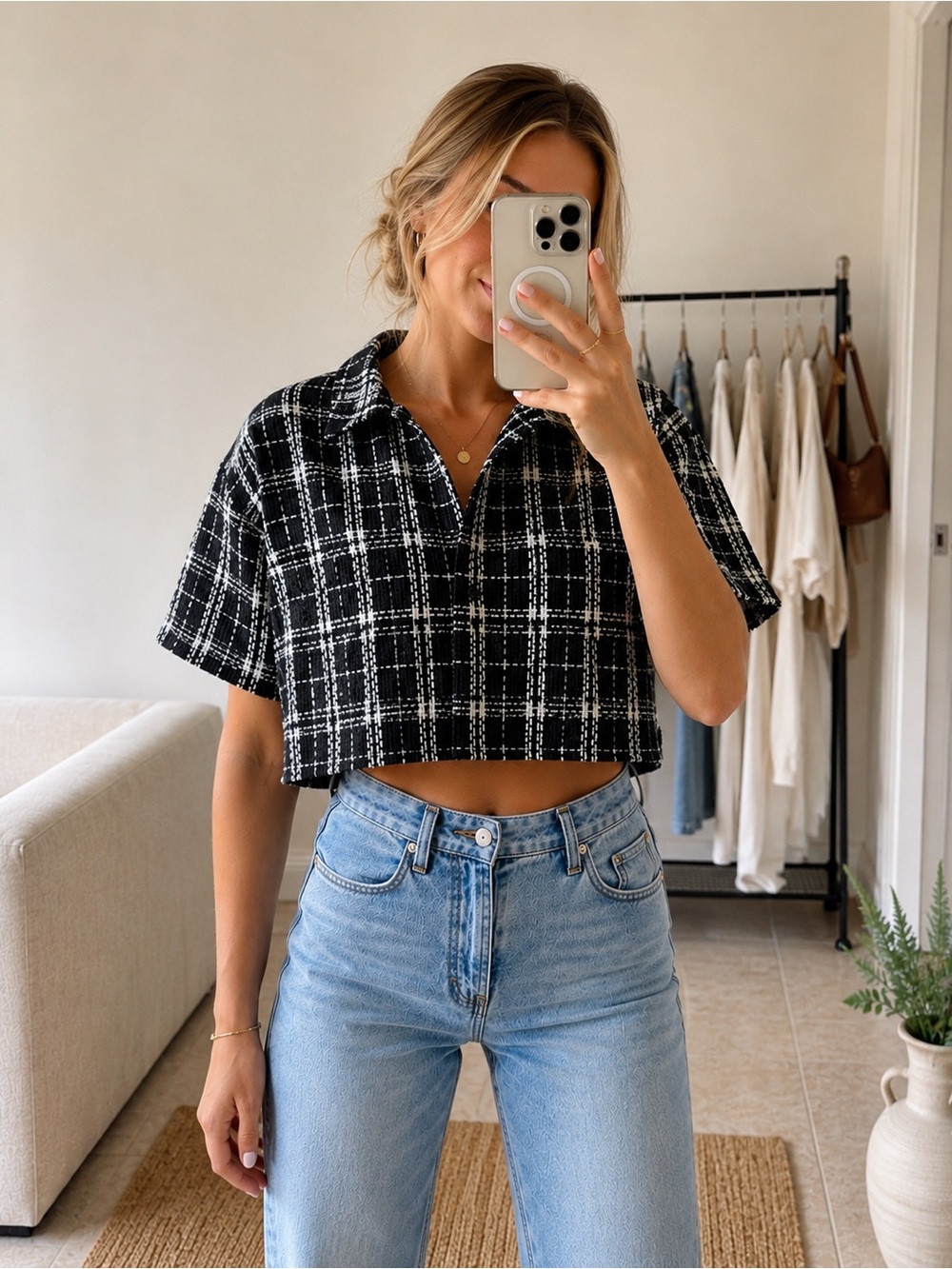 ACOA Black Plaid Cropped Button-Front Top Size Small